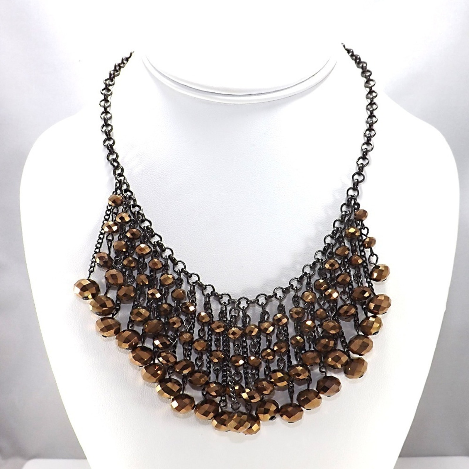 Bronze Faceted Czech Crystal Beaded Fringe Bib Necklace 19 Inches 29$